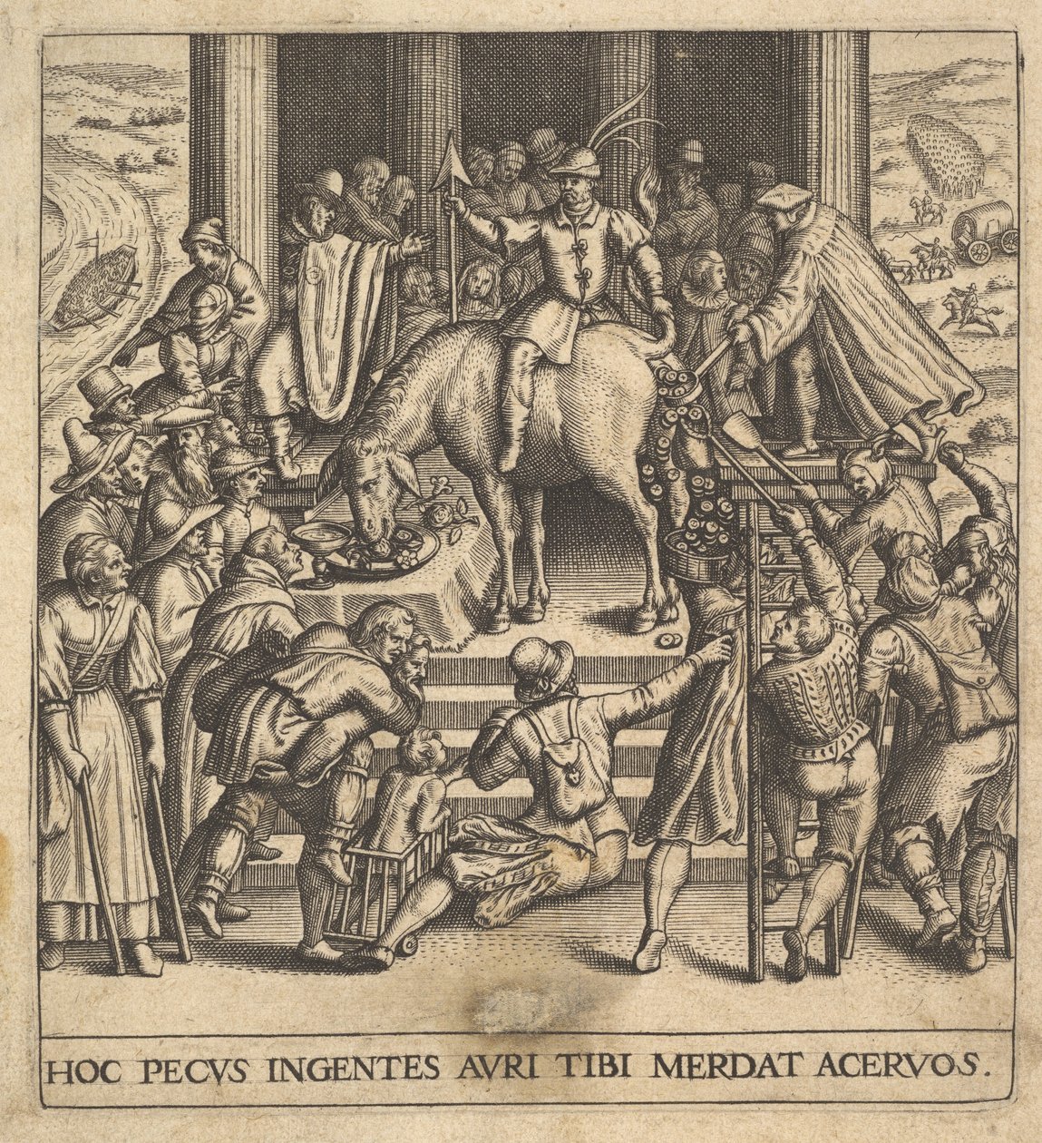 Bir katırın arka tarafından dışkı toplayan adamlar, ba..., 1592-1614. by Johann Theodor de Bry