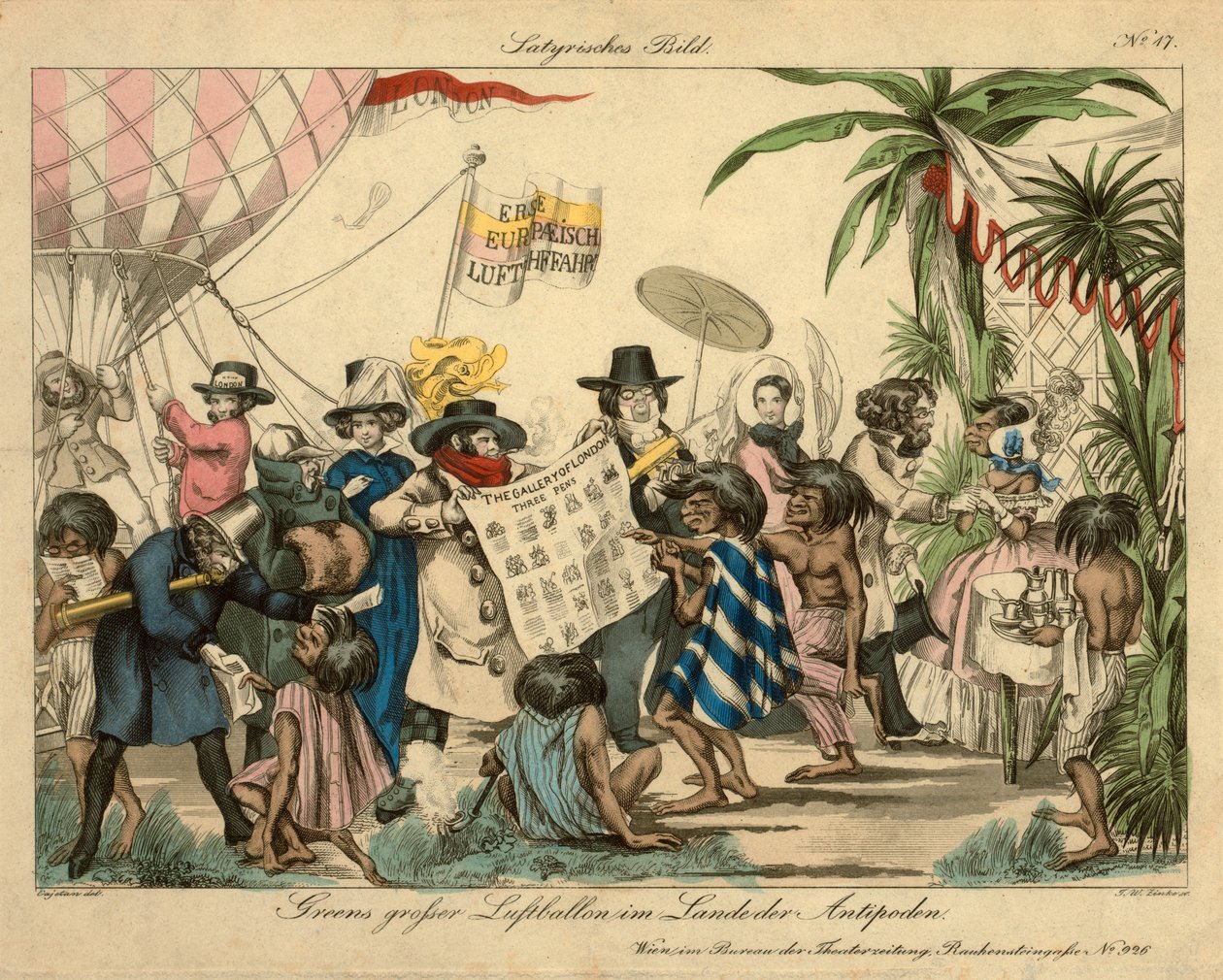 Green'in Antipodes'taki sıcak hava balonu, c.1840 (el boyaması gravür) by Johann Wenzel Zinke