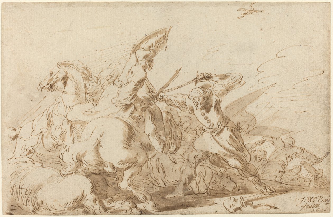 Doğu Süvarileri ve Askerler Arasında Bir Savaş by Johann Wilhelm Baur