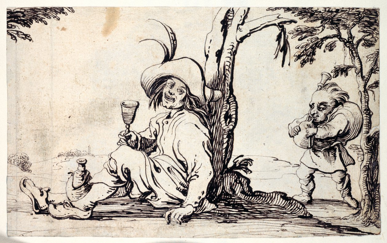 Taşralı oturmuş kendini tazeliyor ve gaydalı bir cüce (kağıt üzerinde kalem ve mürekkep) by Johann Wilhelm Baur