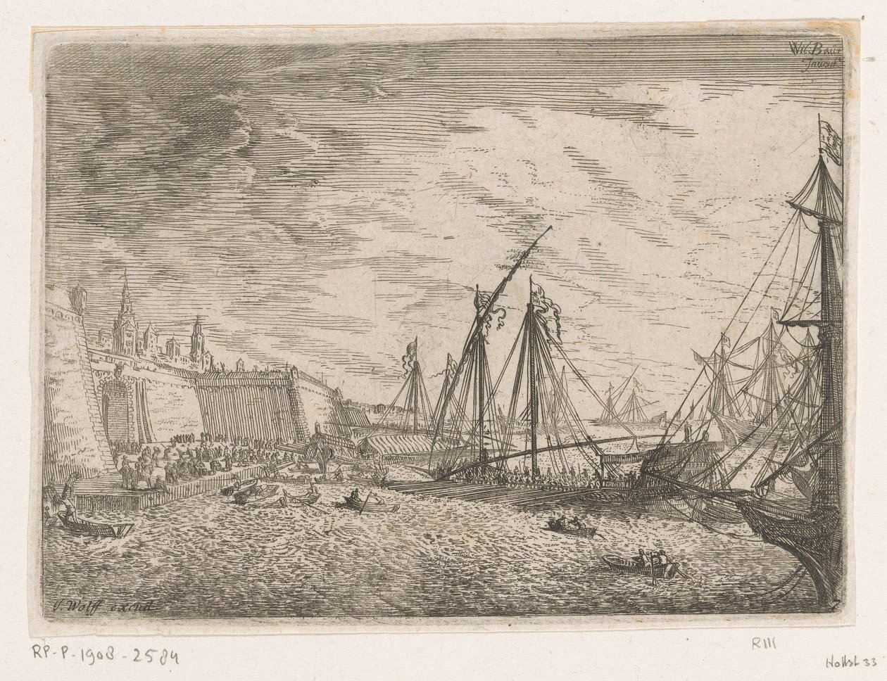 Bir şehir duvarının önünde yelkenli gemiler ve kadırgalar ile liman manzarası Liman görünümleri (dizi başlığı) by Johann Wilhelm Baur