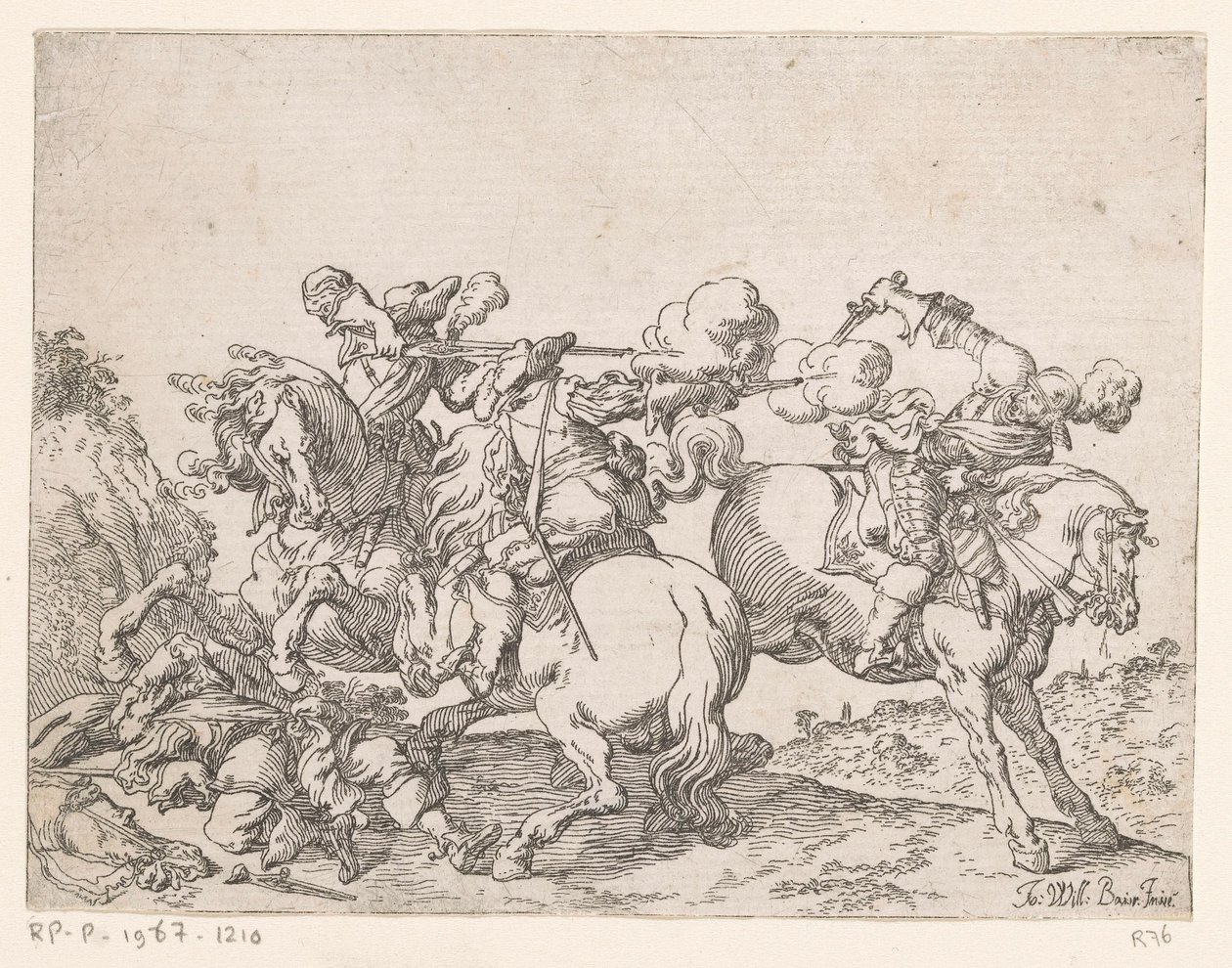 Atlı iki silahşör bir biniciye ateş ediyor Savaş sahneleri (dizi adı) Capricci di varie battaglie (dizi adı) by Johann Wilhelm Baur