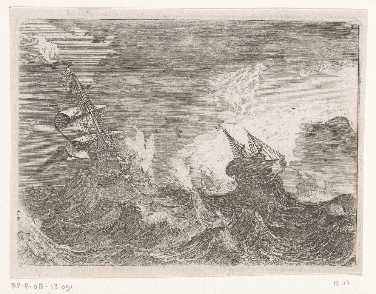 Bir fırtına sırasında denizde beş yelkenli gemi Fırtınalı havalarda gemiler (seri başlığı) by Johann Wilhelm Baur