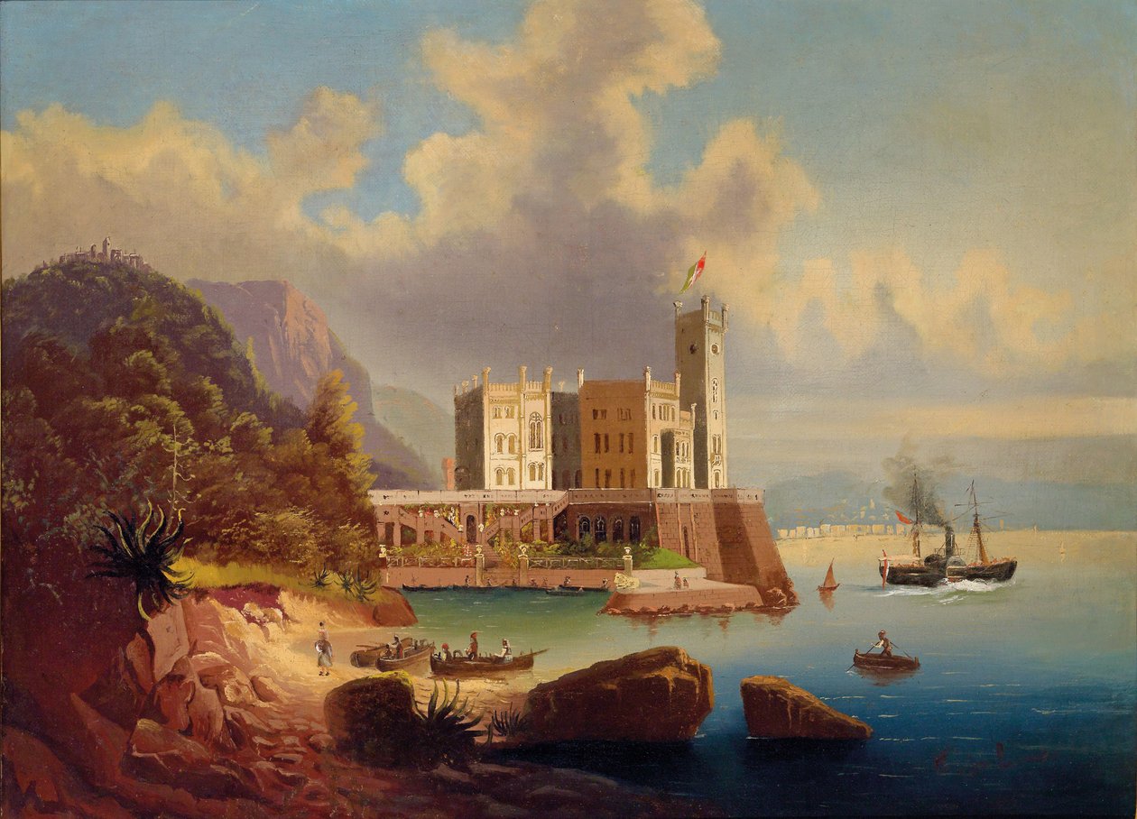 Miramare Kalesi ve Trieste manzarası. by Johann Wilhelm Jankowski