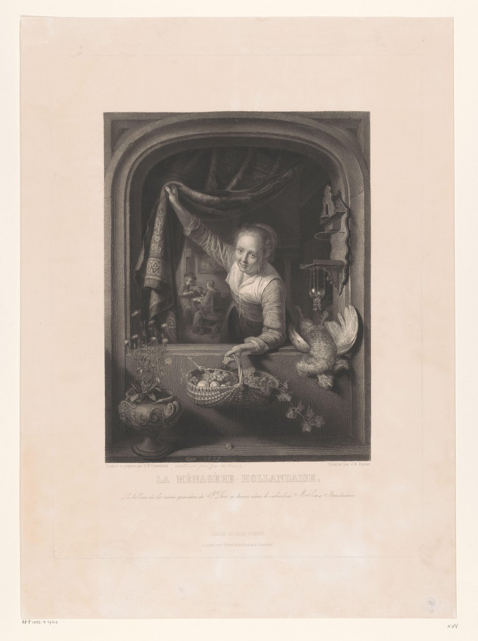 Pencerenin yanında elinde meyve sepeti olan kadın La menagerè Hollandaise (nesne üzerindeki başlık) by Johann Wilhelm Kaiser (I)