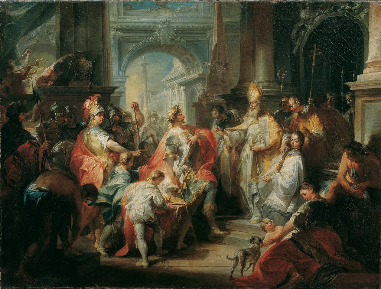 Aziz Ambrose, İmparator Theodosius'un Milano Katedrali'ne girişini reddetti by Johann Wolfgang Baumgartner