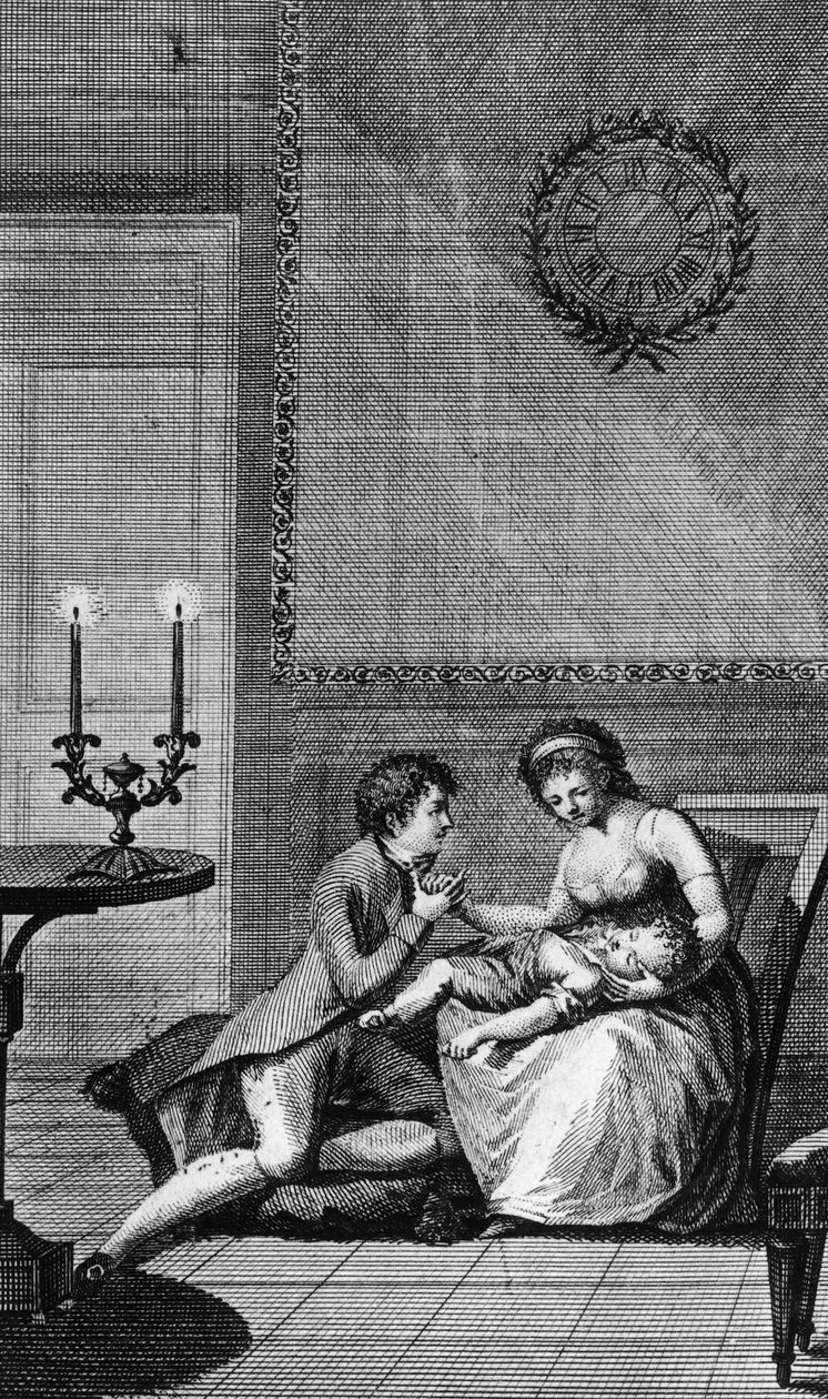 Aurelie, Wilhelm Meister tarafından rahatlatıldı, Wilhelm Meister's Apprenticeship için illüstrasyon, Johann Wolfgang von Goethe'nin (1749-1832) romanı, 1802'de yayınlanan Paris baskısından gravür by Johann Wolfgang von Goethe