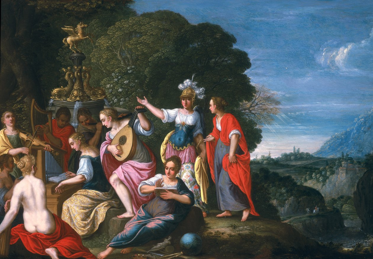 Athene ve Hipokrene Kuyularında Dokuz İlham Perisi, 1624 (bakır üzerine yağ) by Johann or Hans Konig