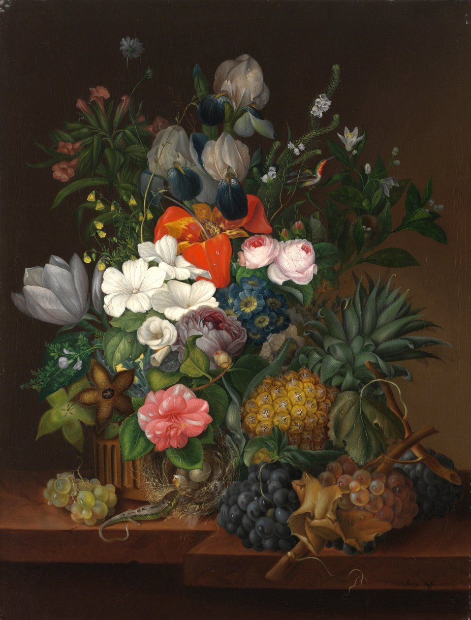 Bir Kertenkele ve Çiçeklerle Natürmort - Johanna (Jenny) Salm-Reifferscheidt (kızlık soyadı Comtesse Pachtova) (1780-1857). tuval üzerine yağlıboya by Johanna Salm Reifferscheidt