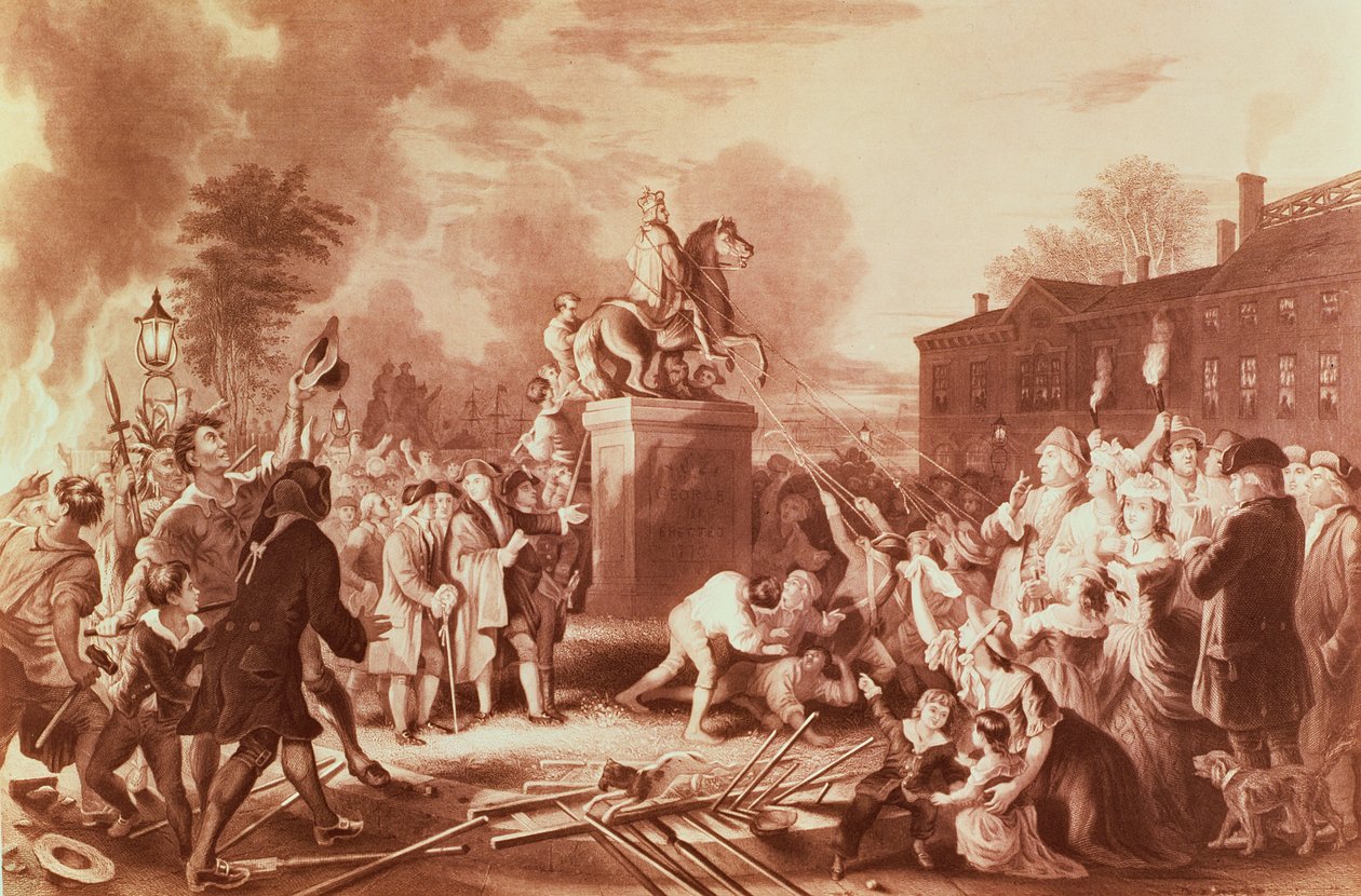 John C. McRae tarafından oyulmuş 1776'da Bowling Green'deki George III Heykelini Aşağı Çekmek by Johannes Adam Simon Oertel