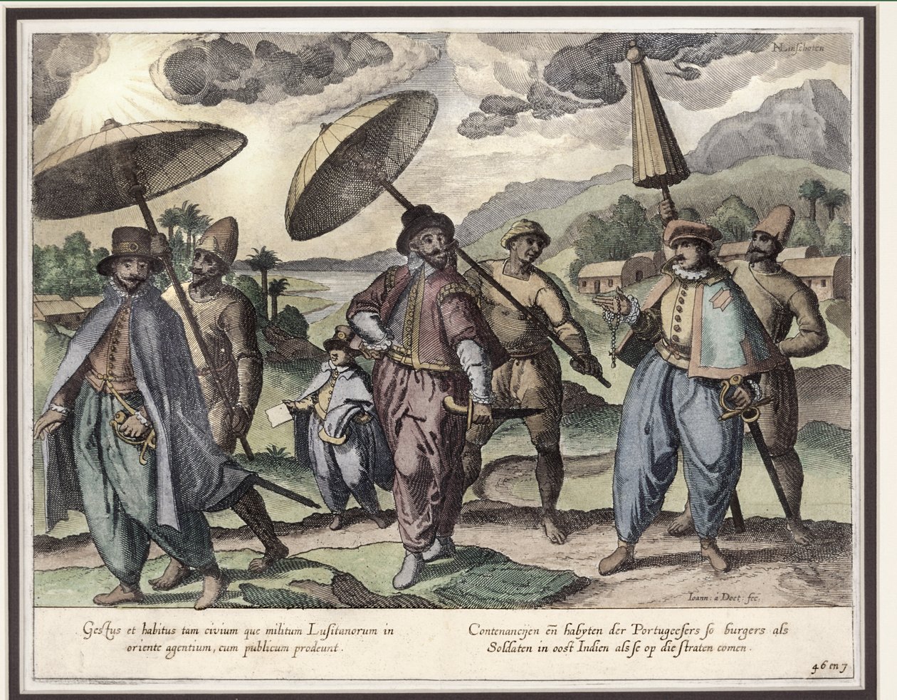 Goa'da Portekizce, 'Jan Huyghen van Linschoten, Doğu ve Batı Hint Adalarına Yolculuk Söylemi'nden bir çizim, 1579-92 (renkli gravür) by Johannes Baptista van Doetechum the Younger