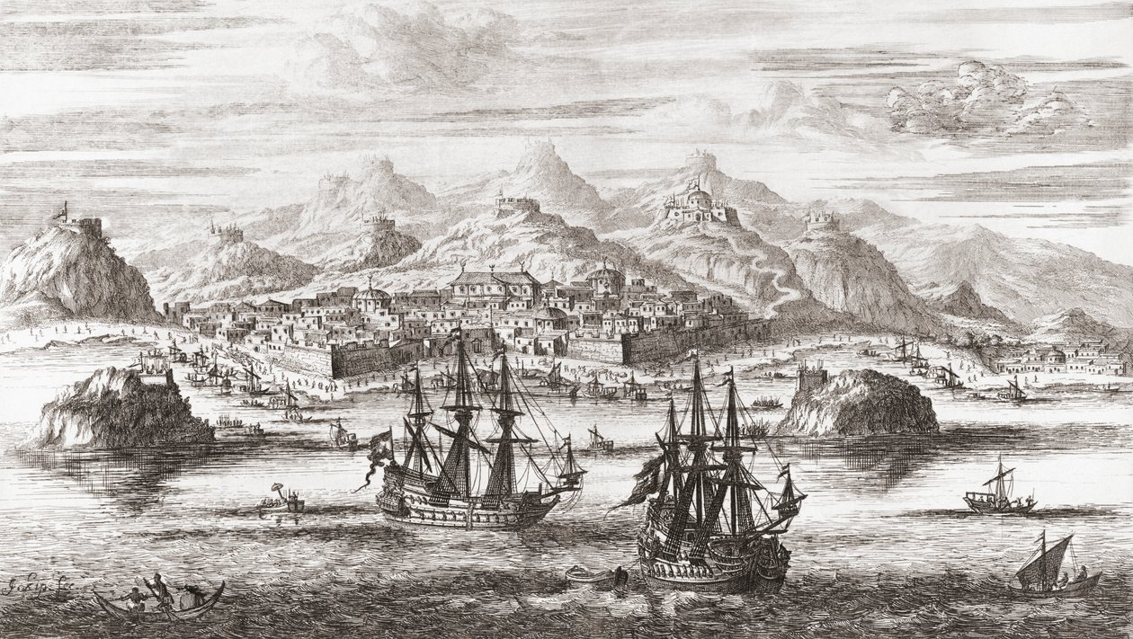 17. yüzyılda Maskat, Umman önünde Hollanda gemileri (baskı) by Johannes (after) Kip