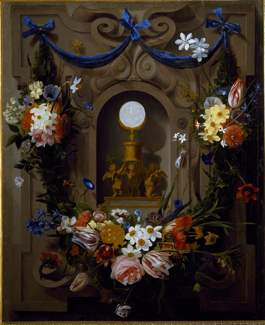 Bir çiçek çelengi içinde Eucharist (tuval üzerine yağlı boya by Johannes Antonius van der Baren
