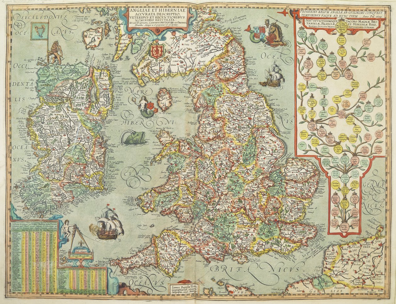 1606 yılında çizilmiş İngiltere ve İrlanda haritası (renkli gravür) by Johannes Baptista Vrints