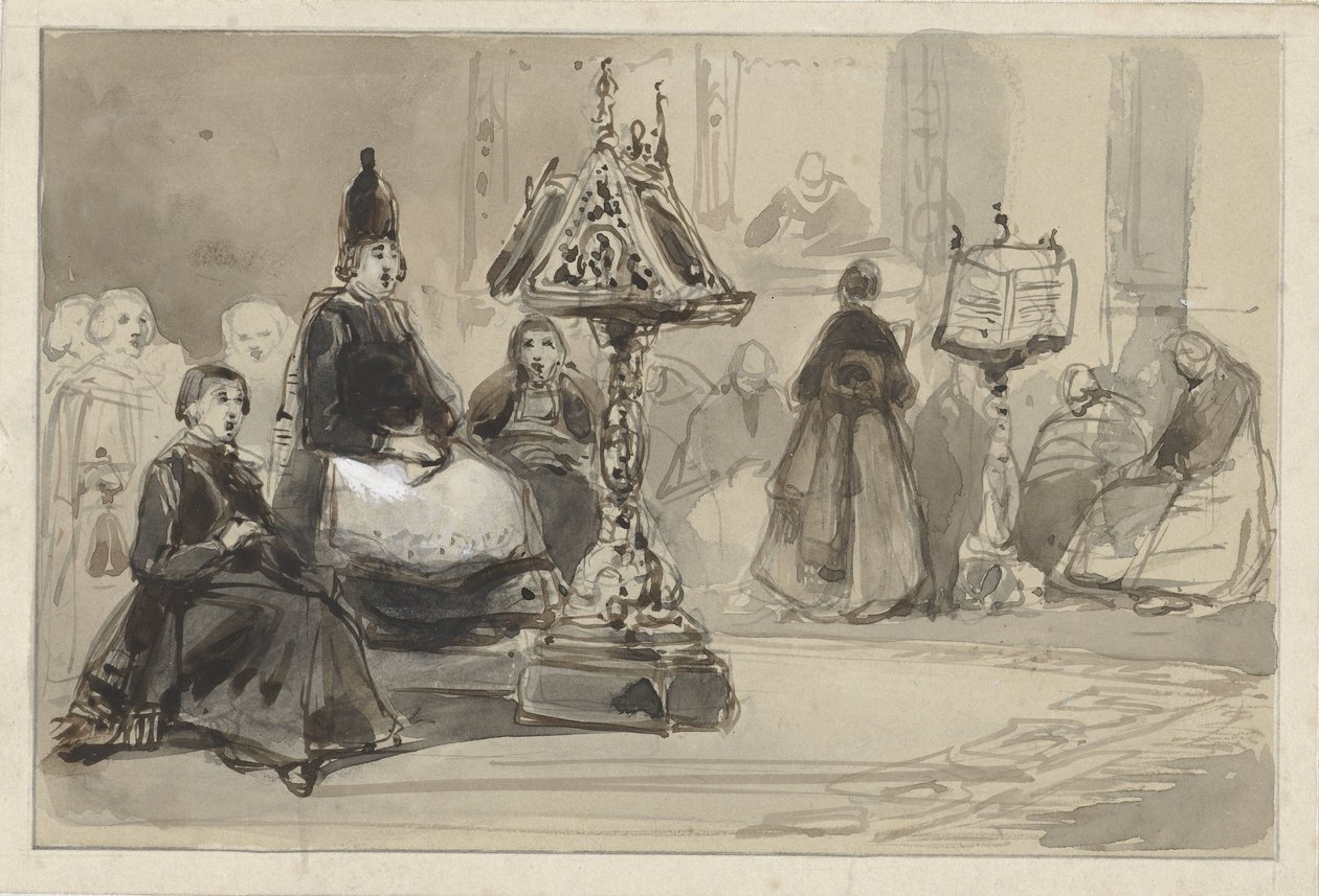 Şarkı söyleyen piskopos ve rahibeler ile kilise iç by Johannes Bosboom