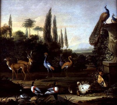 Geyik ve Egzotik Kuşlarla Bir Park Manzarası, c.1710 (tuval üzerine yağlı boya) by Johannes Bronckhorst