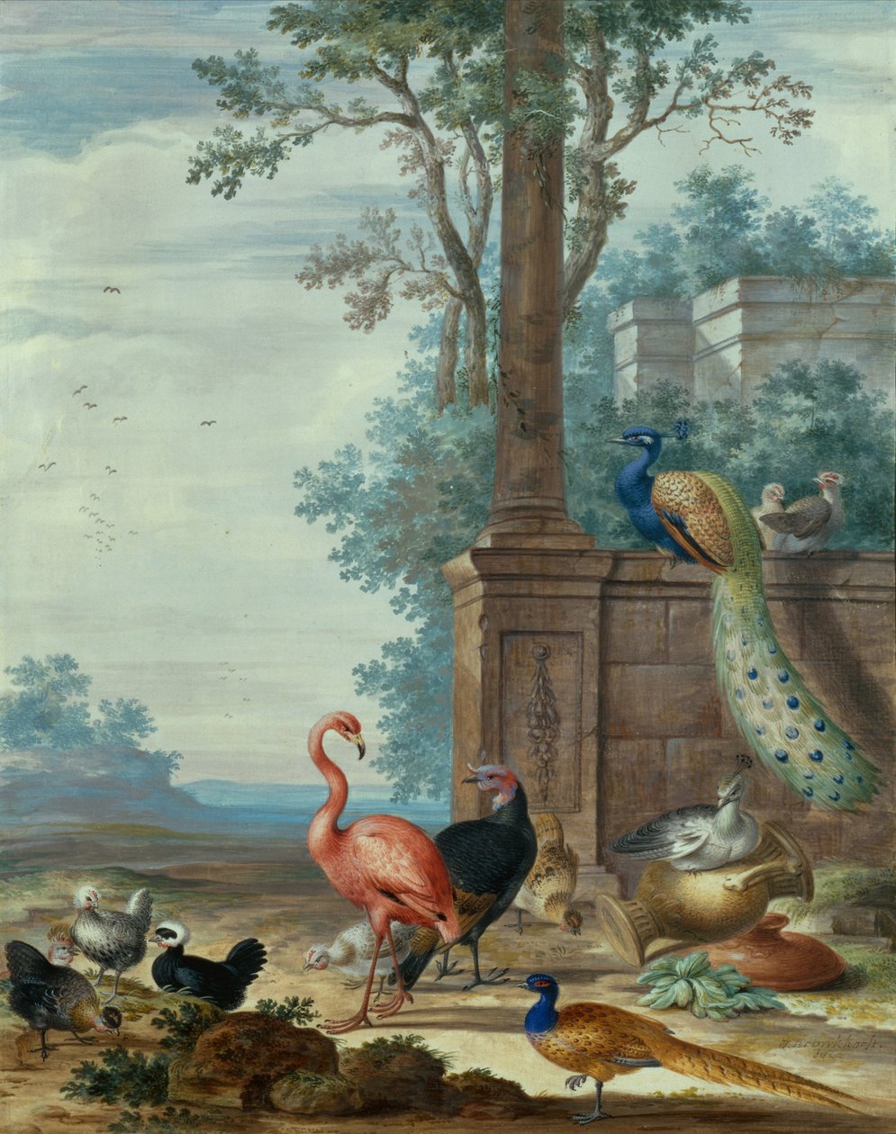 Tavus kuşu, sülün, flamingo ve diğer kümes hayvanları (guaj) ile İtalyan Manzarası by Johannes Bronckhorst