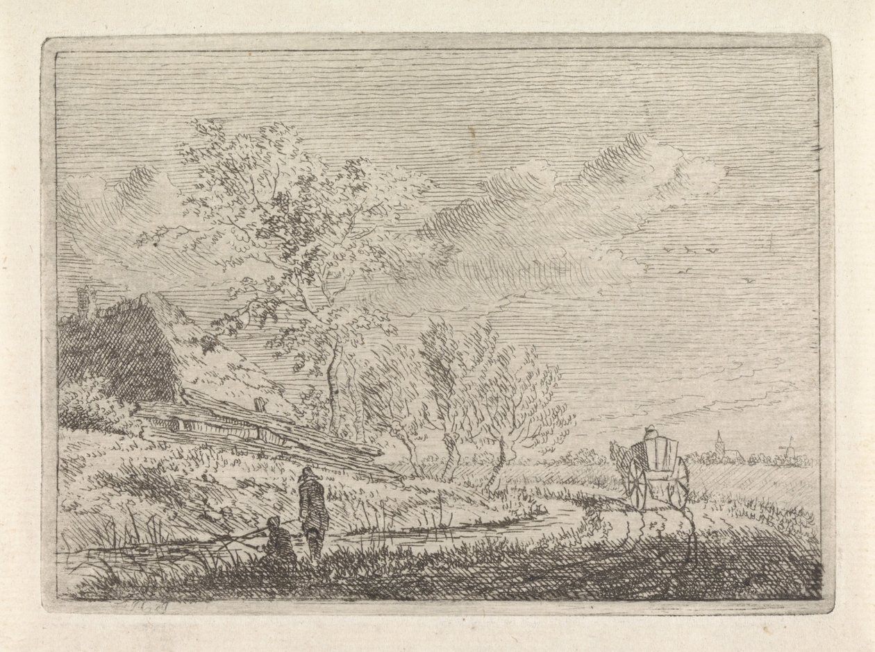 Arabası ve iki balıkçı ile manzara by Johannes Christiaan Janson