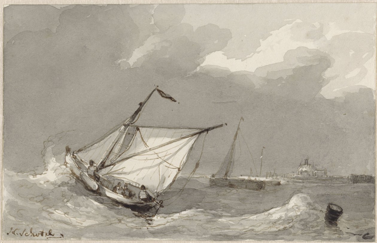 İleride bir köy olan dalgalı bir denizde balıkçı teknesi by Johannes Christiaan Schotel