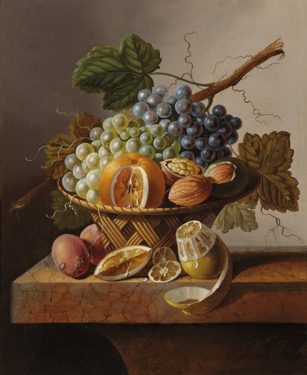 Bir hasır sepet içinde üzüm, portakal ve ceviz, limon ve erik, hepsi mermer bir çıkıntının üzerinde by Johannes Cornelis Bruyn
