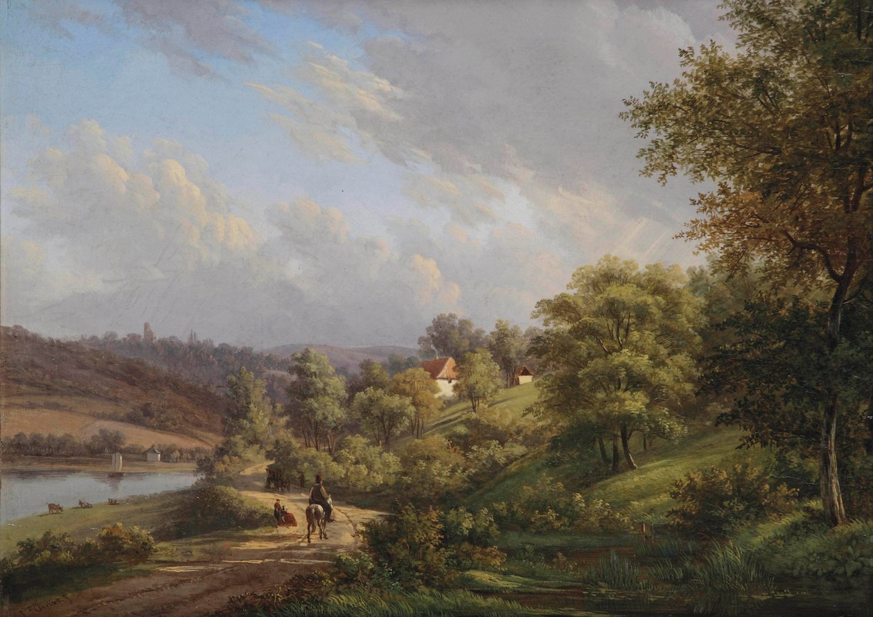 Tepelik bir manzarada huzurlu bir gün (panelde yağ) by Johannes Franciscus Christ