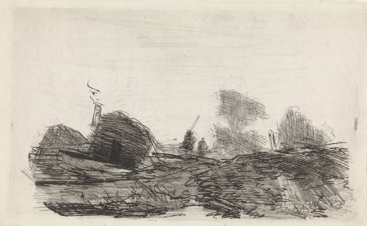 Bir ahır ve iki atlı ile manzara by Johannes Franciscus Hoppenbrouwers