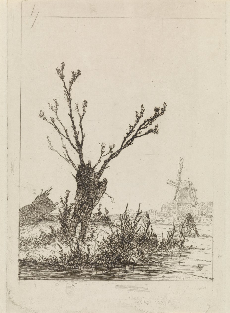 Pollard söğütünün yanında kızağı olan patenci by Johannes Franciscus Hoppenbrouwers