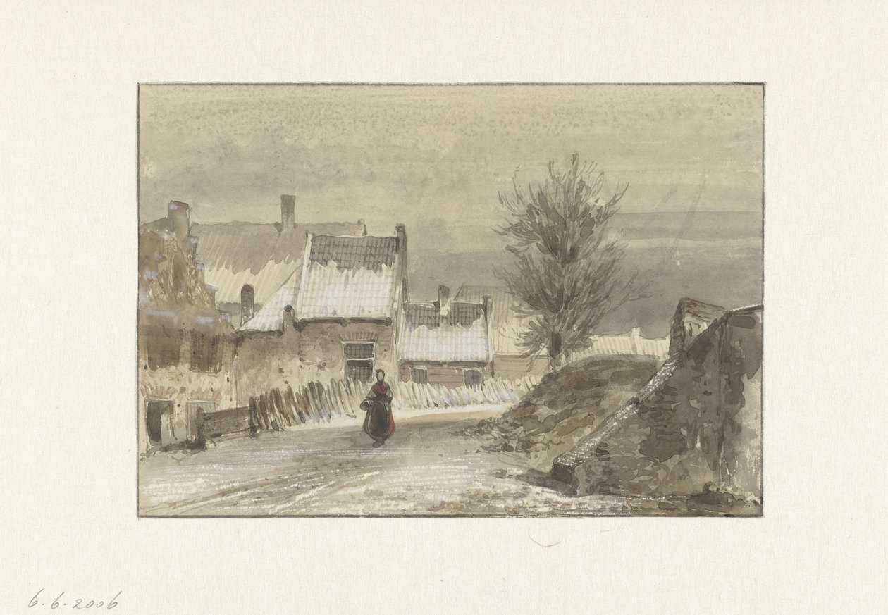 Buz üzerinde duran kadın ile kış manzarası by Johannes Franciscus Hoppenbrouwers