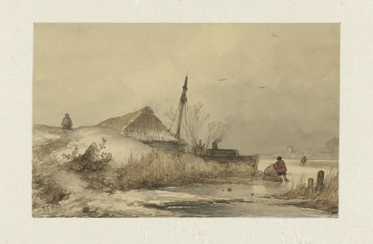 Bir hendekte bir çiftlik ile kış manzarası by Johannes Franciscus Hoppenbrouwers