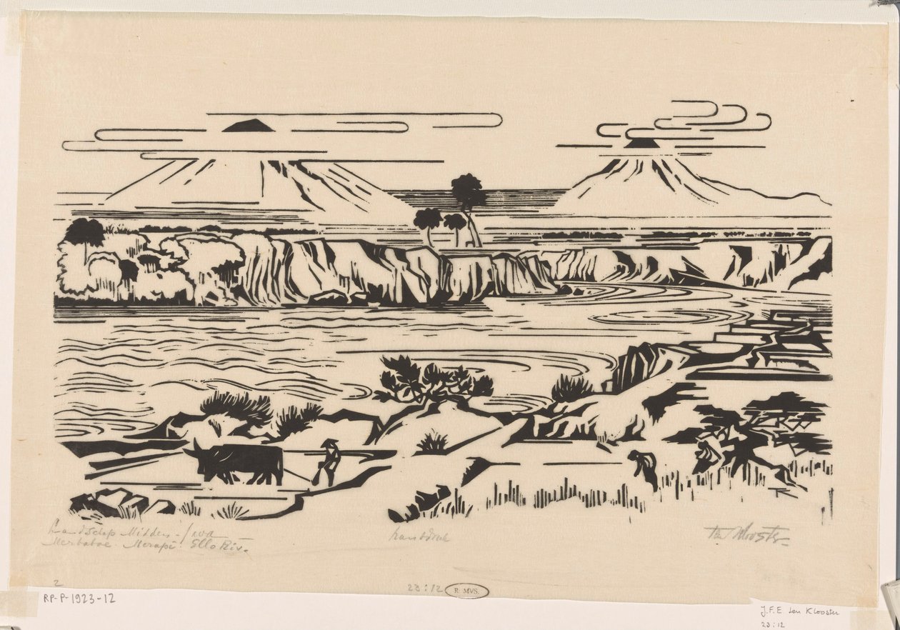 Manzara, Orta Java: Merbaboe, Merapi, Ello nehri (nesne üzerindeki orijinal başlık) by Johannes Frederik Engelbert ten Klooster (signed by artist)