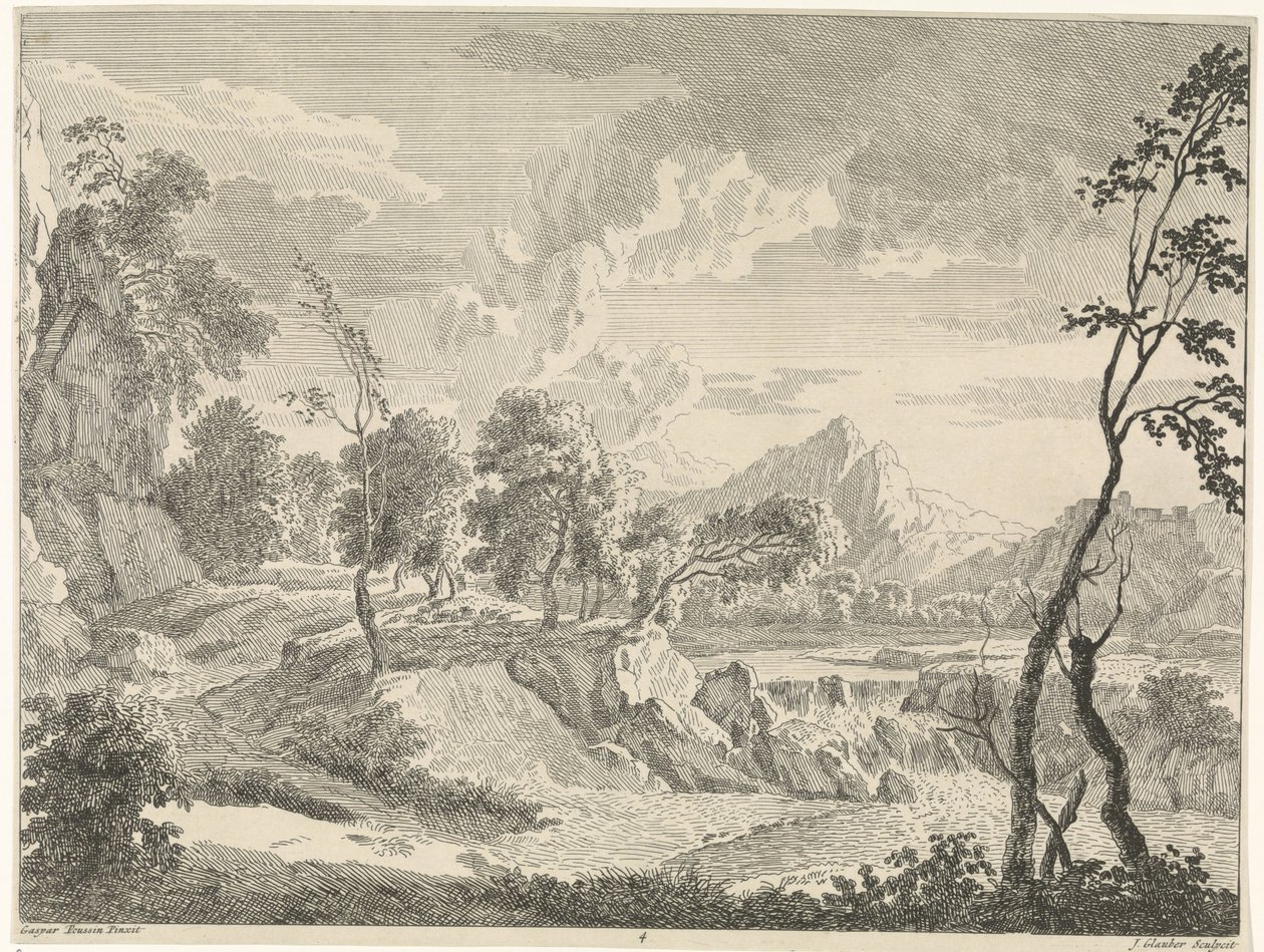 Şelale ile tepelik manzara Gaspar Poussin