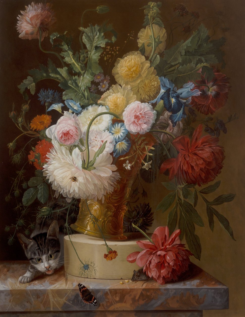 Bir Kedi ile Bir Kenarda Çiçeklerin Natürmort by Johannes Hendrick Fredriks
