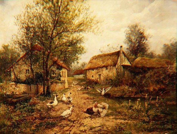 Çiftlik bahçesindeki bir göletin yanında kümes hayvanları by Johannes Hendrik Weissenbruch