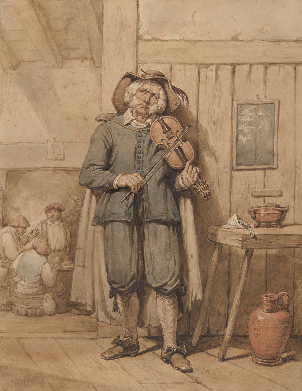Arka Planda Üç Adam ile Bir Tavernada Bir Kemancı, 19. yüzyılın ortalarında. by Johannes Hendrik van West