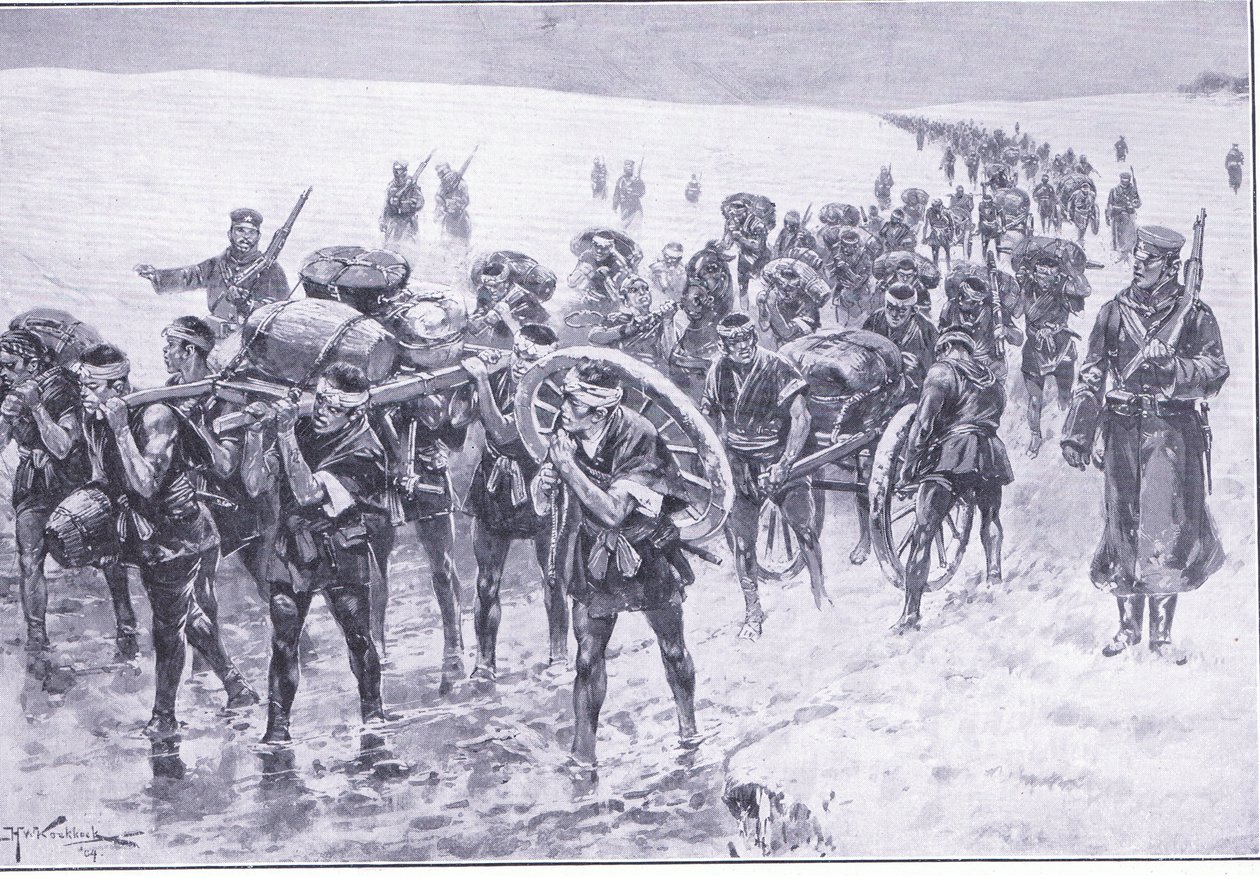 Japonlar yürüyüşte. Sürü midillilerinin yerine erkekler, Cassells Tarihi Rus-Japon Savaşı Cilt 1, c.1900