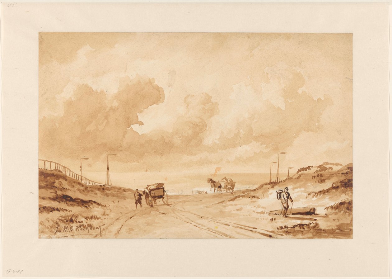 Kum tepeleri arasında denize giden yol ile manzara by Johannes Hermanus Barend Koekkoek