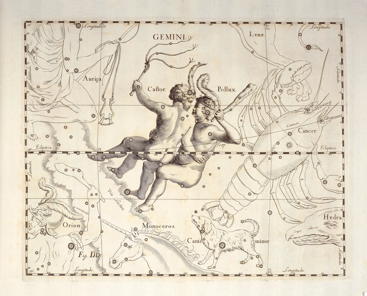 İkizler'in İkizler takımyıldızı, göksel atlas Firmamentum Sobiescianum sive Uronographia'dan gravür, Johann Hevelius (1611-1687), Gdansk by Johannes Hevelius