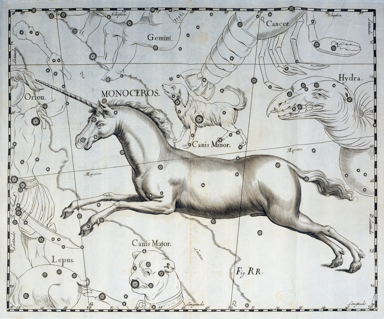 Tekboynuz, Tek Boynuzlu At takımyıldızı, göksel atlas Firmamentum Sobiescianum sive Uronographia'dan gravür, Johann Hevelius (1611-1687), Gdansk by Johannes Hevelius