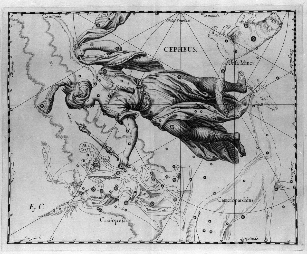 Etiyopya kralı Cepheus (veya Cephee) takımyıldızı. Johannes Hevelius veya Hevel (1611-1687) tarafından “” Firmamentum Sobiescanum sive Uranographia”dan çizilmiş plaka by Johannes Hevelius