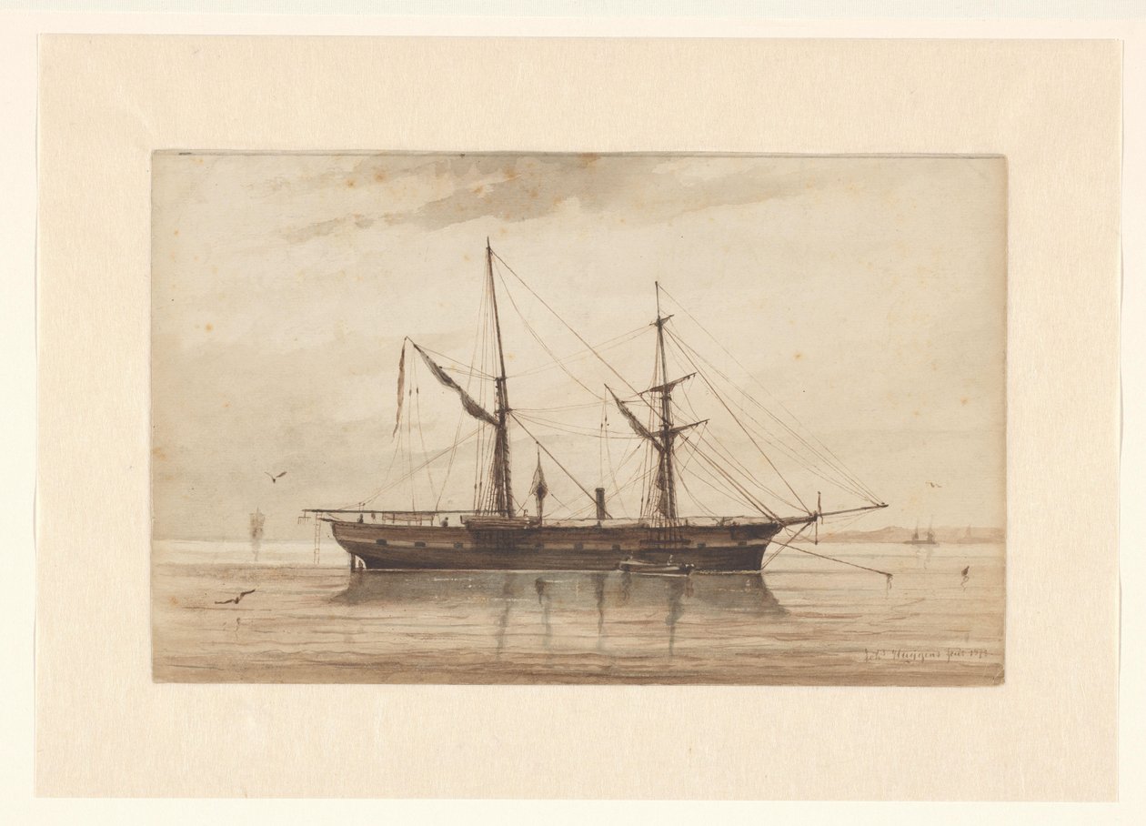 Sakin sularda demirli yelkenli gemi by Johannes Huygens (signed by artist)