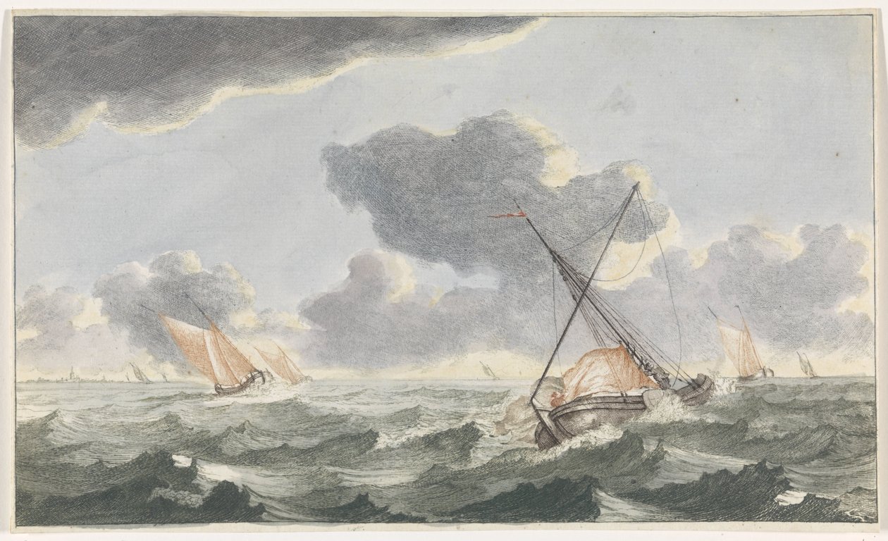yelkeni ütülemek Denizde Gemiler (seri A) (seri başlığı) by Johannes Jacobsz van den Aveele (attributed to)
