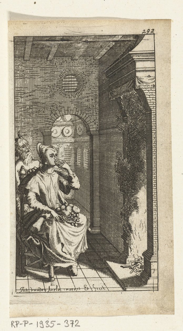 Simon de Vries için lezzetli şeytan Kitabı illüstrasyonu, Hedendaeghsche Dienstmaegden'e hükmeden ve hizmet eden Seven Duyvels, Amsterdam, 1682 by Johannes Jacobsz van den Aveele