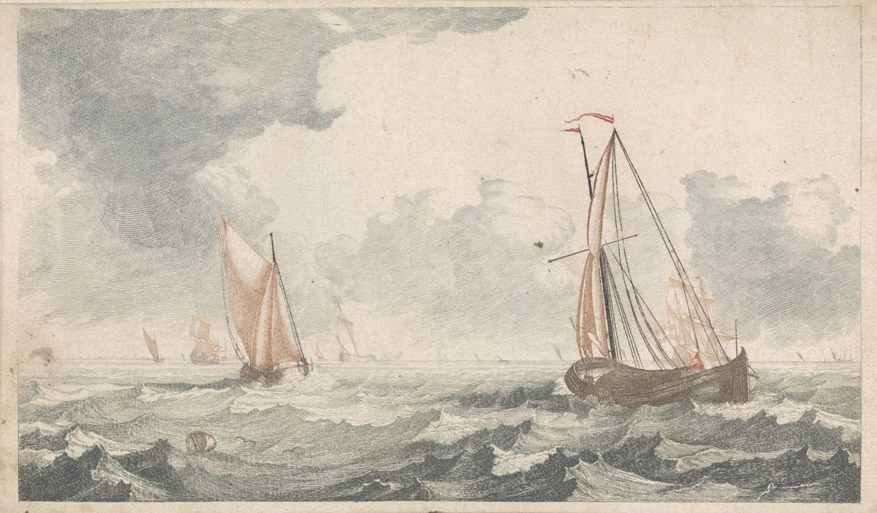 Birbirine doğru yelken açan iki düz tabanlı tekne Denizde Gemiler (seri A) (seri başlığı) by Johannes Jacobsz van den Aveele
