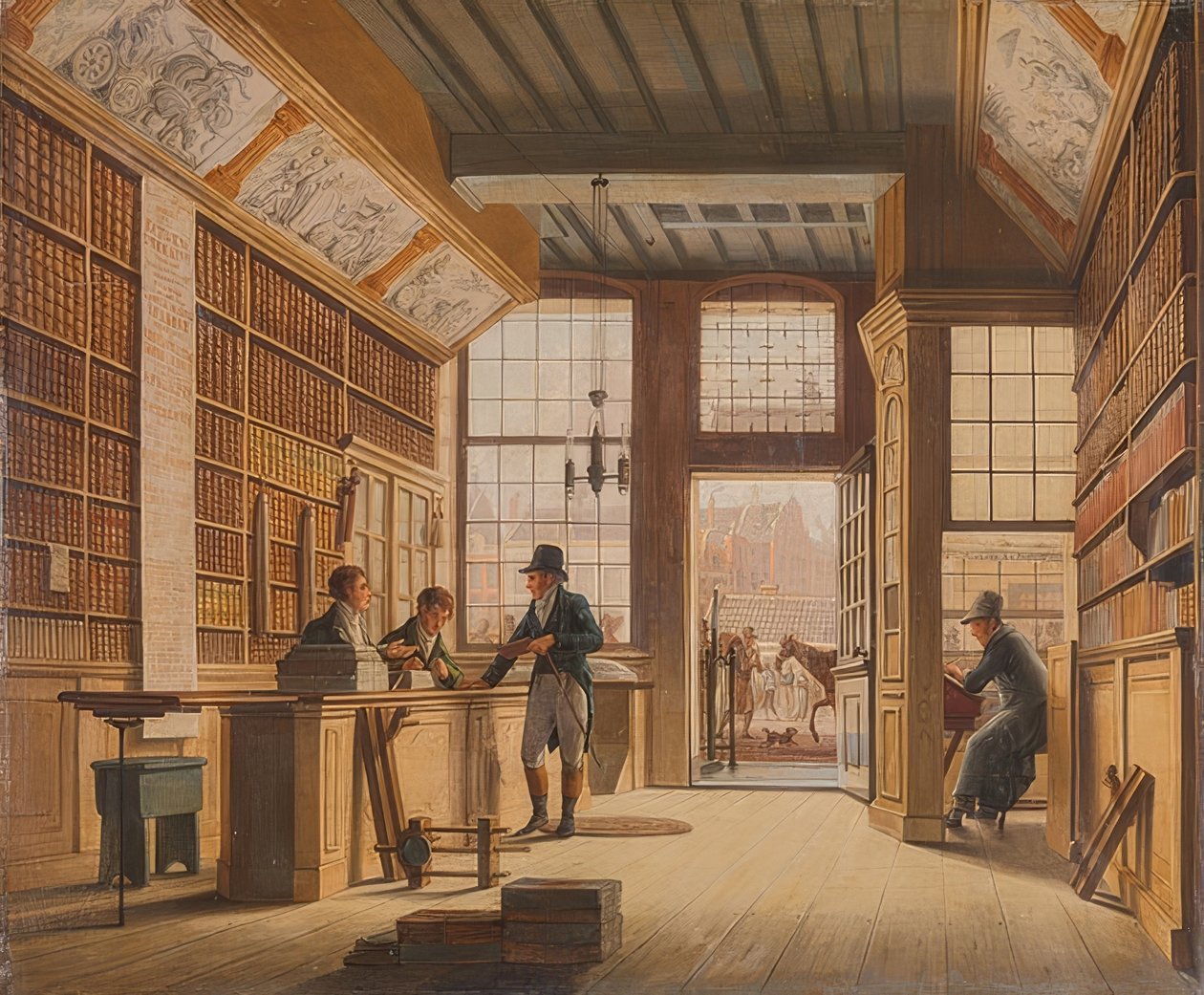 Der Laden des Buchhändlers Pieter Meijer Warnars am Vijgendam Amsterdam