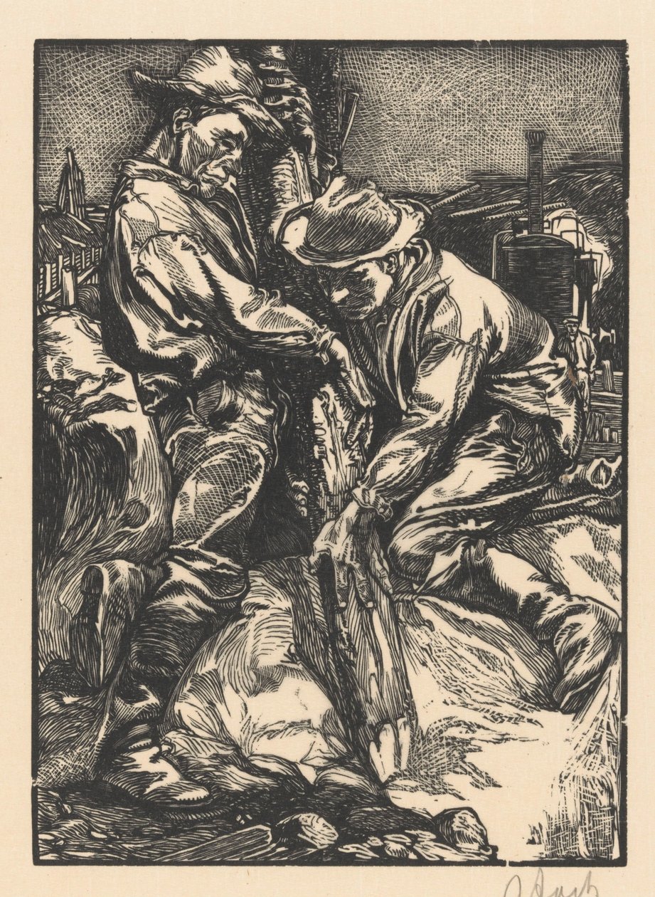 İnşaat işçileri kazık çakmakla meşgul by Johannes Josephus Aarts (signed by artist)