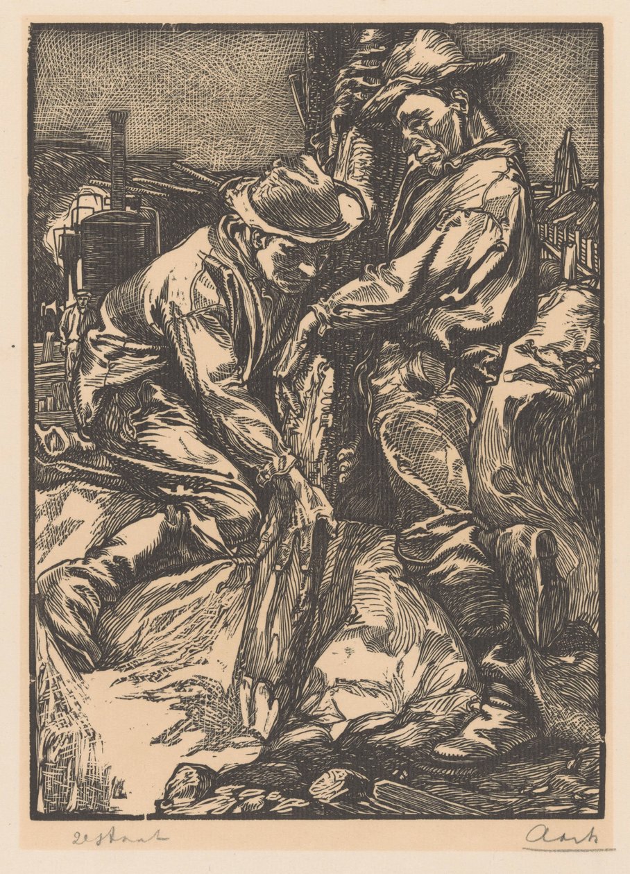İnşaat işçileri kazık çakmakla meşgul by Johannes Josephus Aarts (signed by artist)