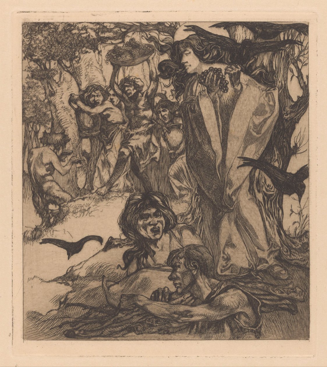İnsanlar, kargalar ve satir ile ormanlık manzara by Johannes Josephus Aarts