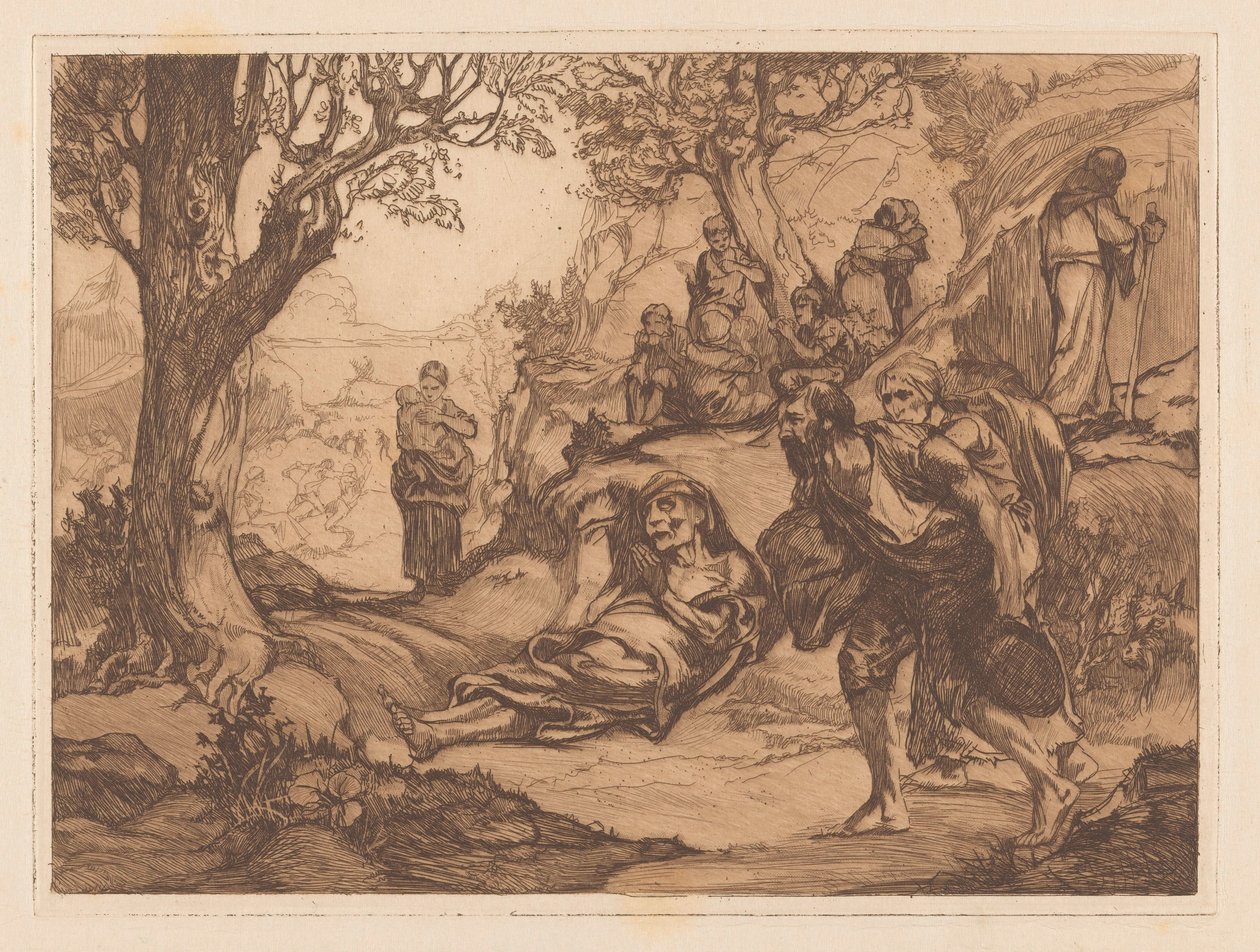 Tepelik bir manzarada erkekler, kadınlar ve çocuklar by Johannes Josephus Aarts