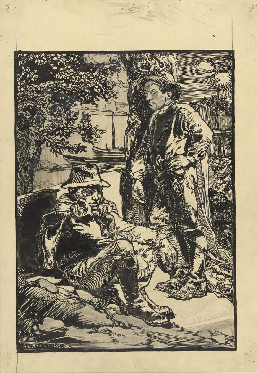 İki bent işçisi, biri oturuyor, diğeri bir ağaca yaslanıyor by Johannes Josephus Aarts