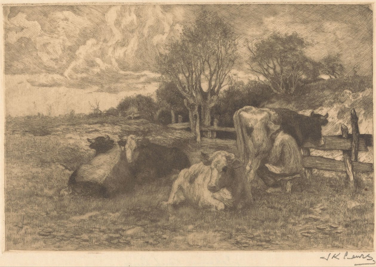 İnekler ile manzara by Johannes Karel Leurs (signed by artist)
